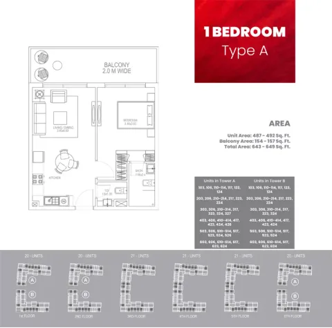 Floor plan, 1 Bed, 643 sq ft