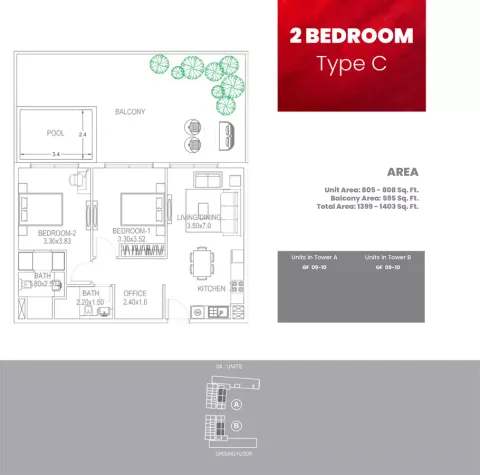 Floor plan, 2 Beds, 1,399 sq ft
