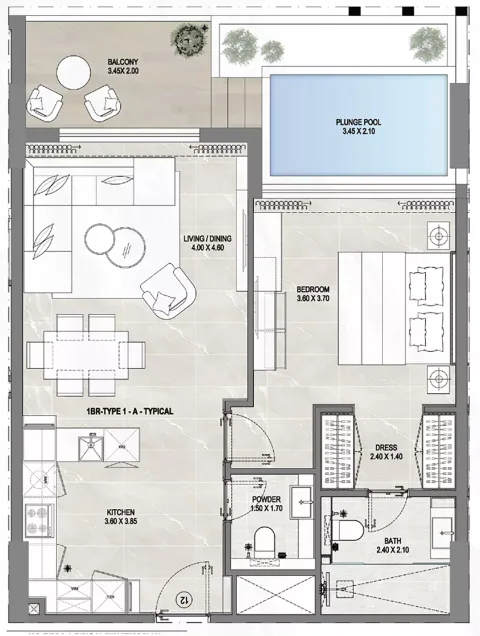 Floor plan, 1 Bed, 1,129 sq ft