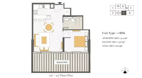 Floor plan, 1 Bed, 673 sq ft
