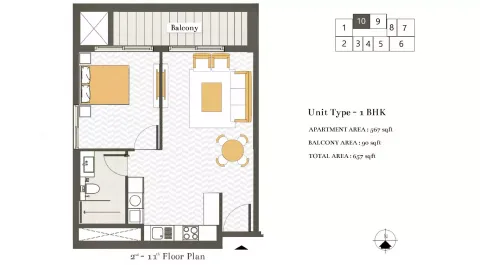 Floor plan, 1 Bed, 657 sq ft