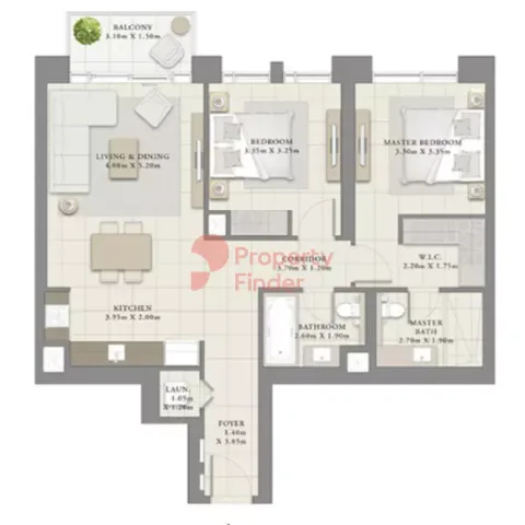 Floor plan, 2 Beds, 1,057 sq ft