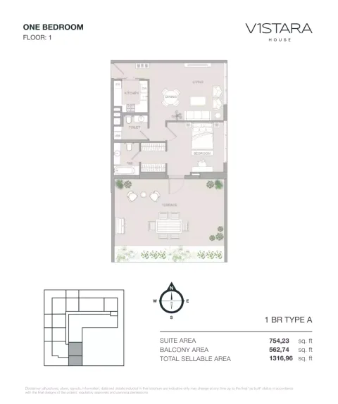 Floor plan, 1 Bed, 1,316 sq ft