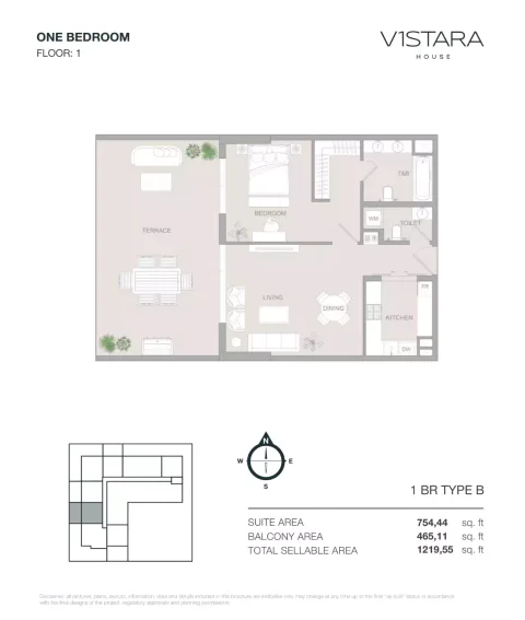 Floor plan, 1 Bed, 1,219 sq ft