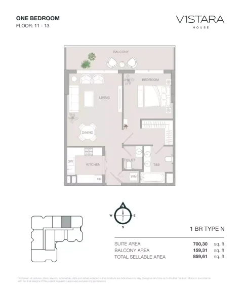 Floor plan, 1 Bed, 859 sq ft