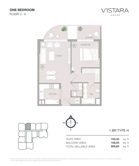 Floor plan, 1 Bed, 808 sq ft