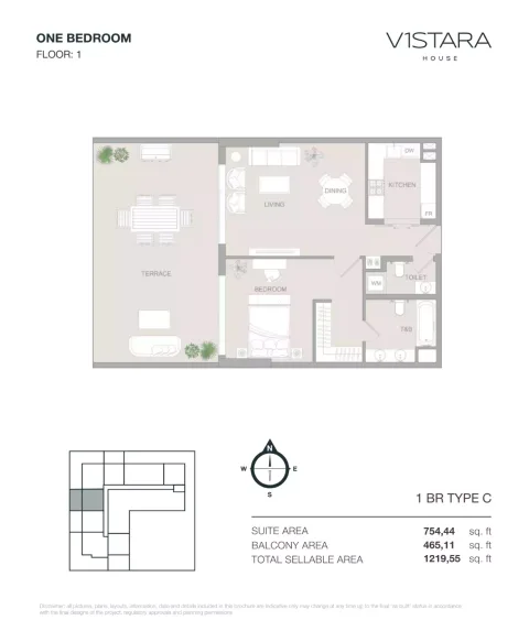 Floor plan, 1 Bed, 1,219 sq ft