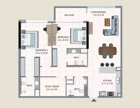 Floor plan, 2 Beds, 1,463 sq ft