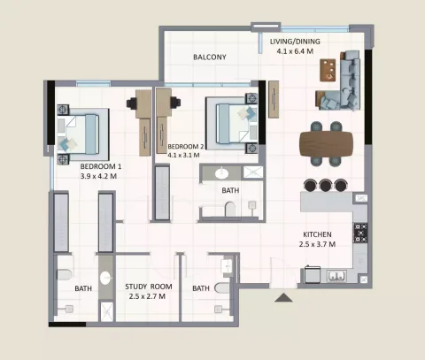 Floor plan, 2 Beds, 1,429 sq ft