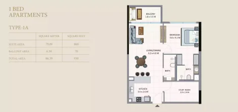 Floor plan, 1 Bed, 930 sq ft