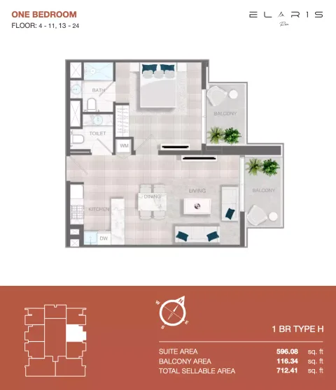 Floor plan, 1 Bed, 712 sq ft