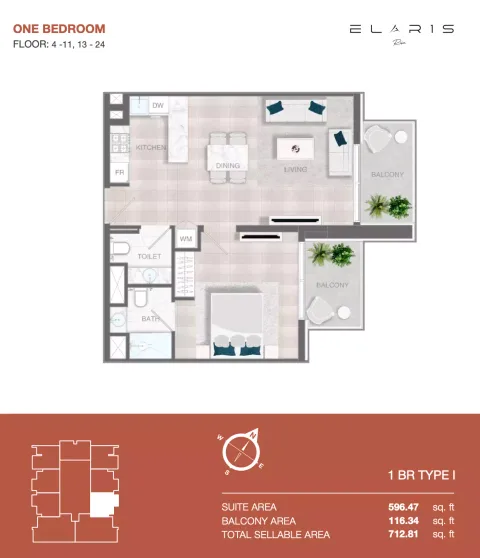 Floor plan, 1 Bed, 713 sq ft