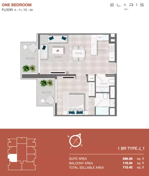Floor plan, 1 Bed, 712 sq ft