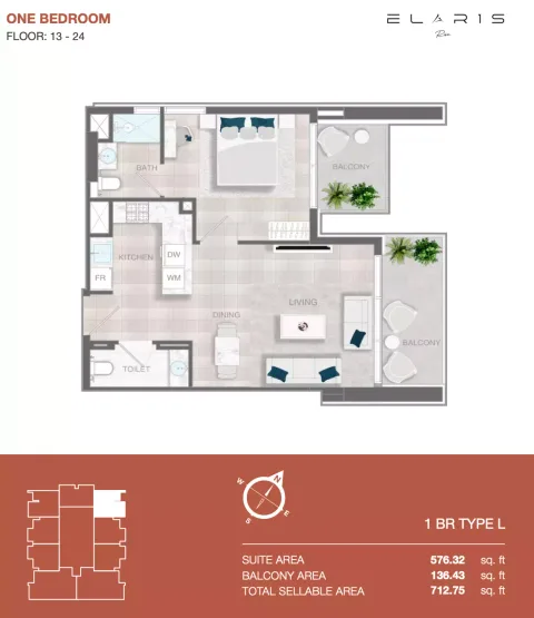 Floor plan, 1 Bed, 713 sq ft
