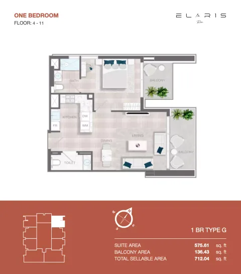 Floor plan, 1 Bed, 712 sq ft