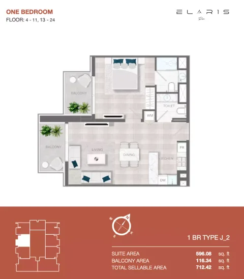 Floor plan, 1 Bed, 712 sq ft