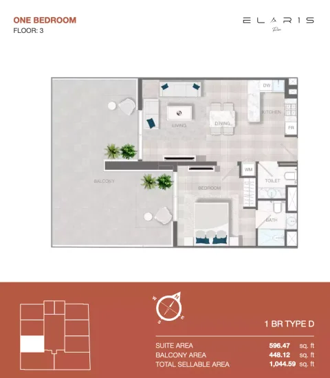 Floor plan, 1 Bed, 1,045 sq ft