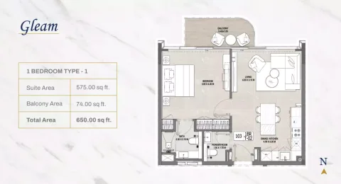 Floor plan, 1 Bed, 650 sq ft
