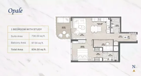 Floor plan, 1 Bed, 834 sq ft