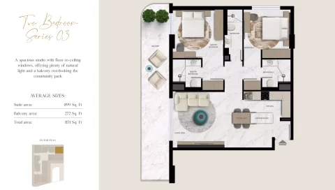 Floor plan, 2 Beds, 1,171 sq ft