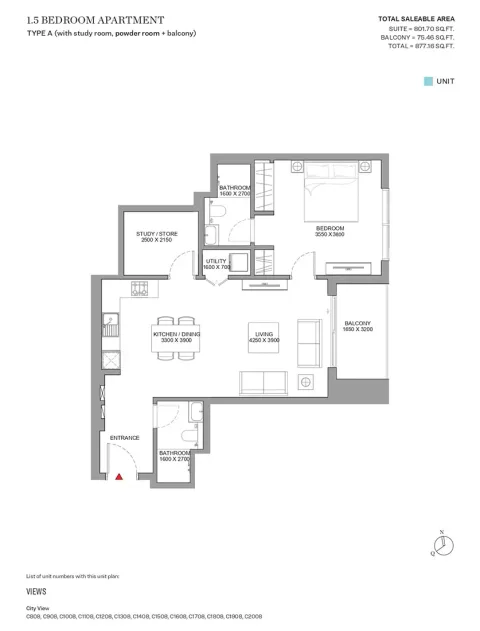 Floor plan, 2 Beds, 877 sq ft