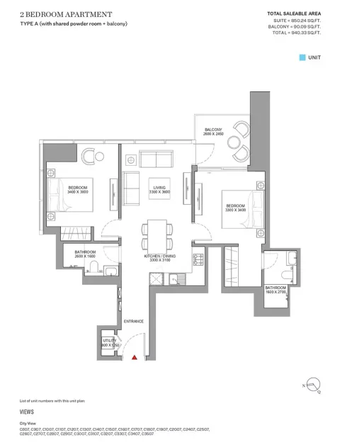 Floor plan, 2 Beds, 940 sq ft