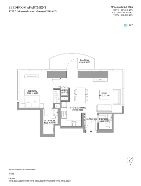 Floor plan, 1 Bed, 773 sq ft