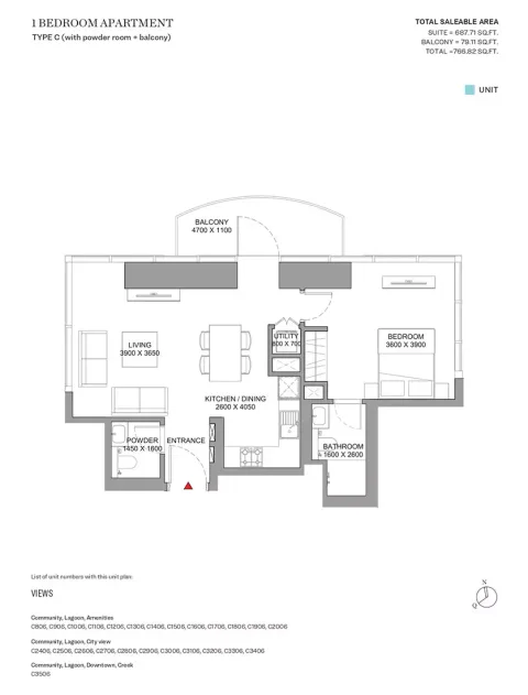 Floor plan, 1 Bed, 766 sq ft