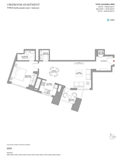 Floor plan, 1 Bed, 843 sq ft