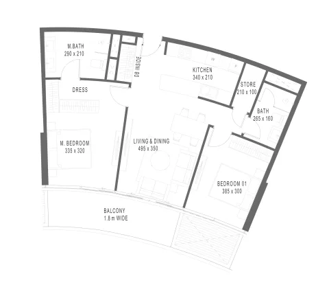 Floor plan, 2 Beds, 975 sq ft