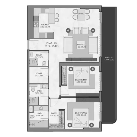 Floor plan, 2 Beds, 1,268 sq ft