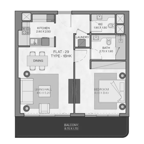 Floor plan, 1 Bed, 844 sq ft