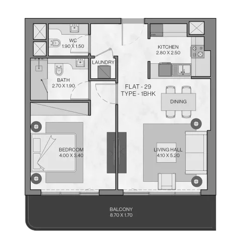 Floor plan, 1 Bed, 875 sq ft