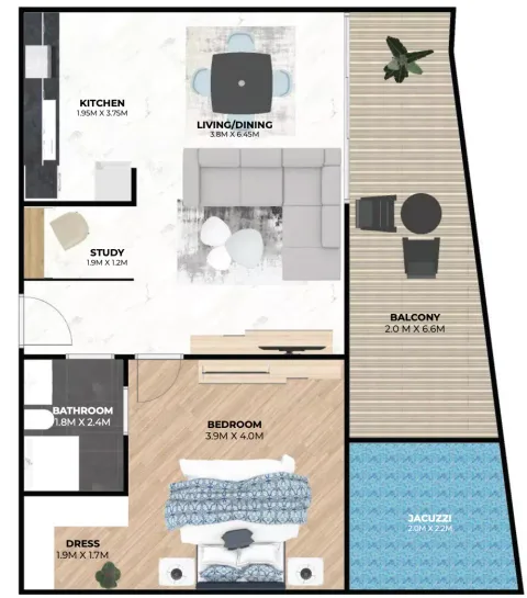 Floor plan, 1 Bed, 1,029 sq ft