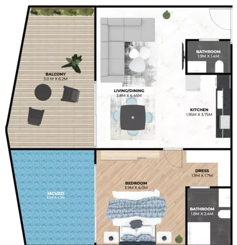 Floor plan, 1 Bed, 1,124 sq ft