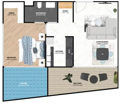 Floor plan, 1 Bed, 1,002 sq ft