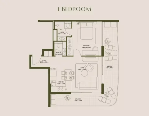 Floor plan, 1 Bed, 726 sq ft