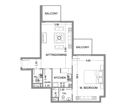 Floor plan, 1 Bed, 991 sq ft