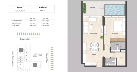 Floor plan, 1 Bed, 827 sq ft