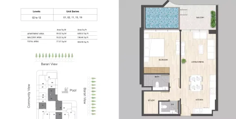 Floor plan, 1 Bed, 834 sq ft