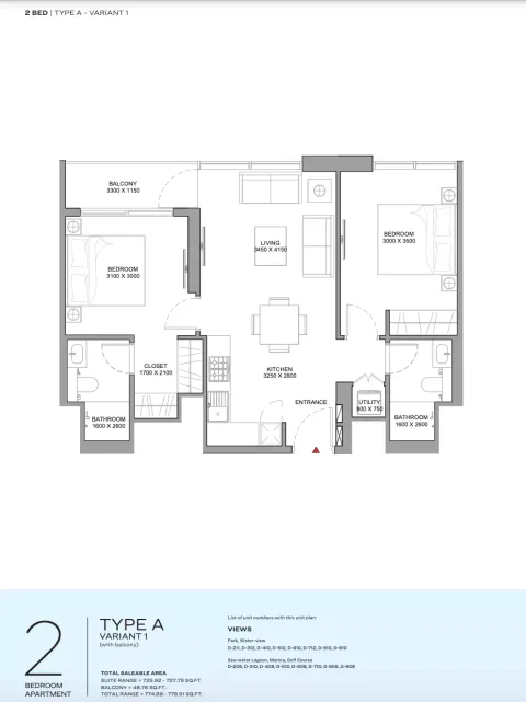 Floor plan, 2 Beds, 776 sq ft