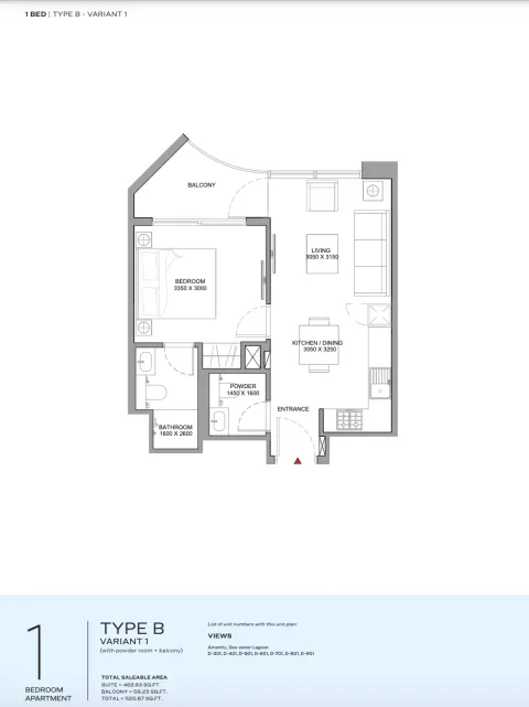 Floor plan, 1 Bed, 520 sq ft