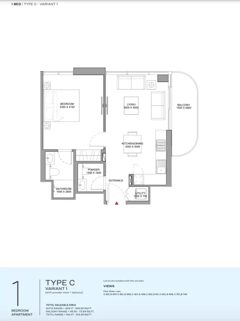 Floor plan, 1 Bed, 619 sq ft