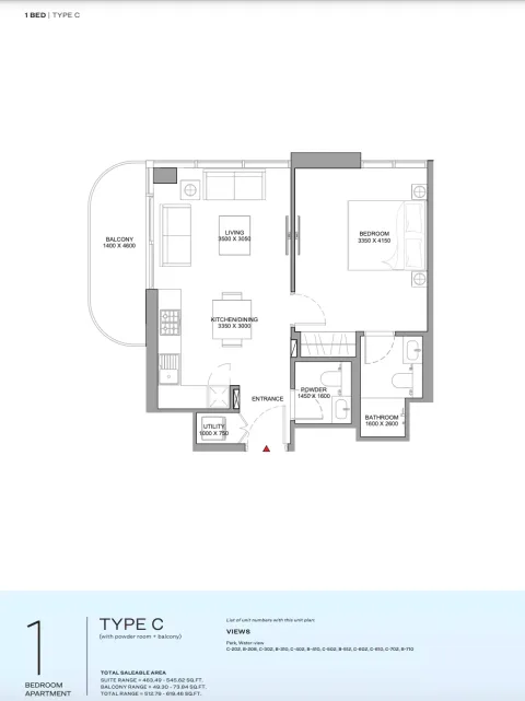 Floor plan, 1 Bed, 619 sq ft
