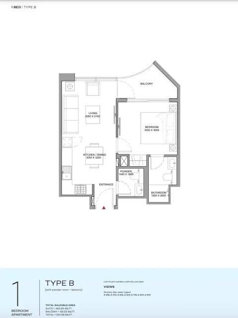 Floor plan, 1 Bed, 521 sq ft