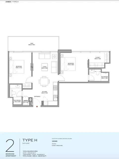 Floor plan, 2 Beds, 988 sq ft