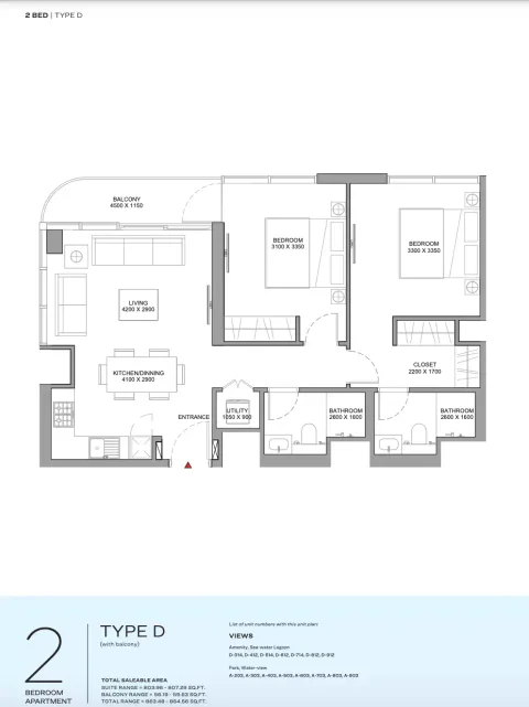 Floor plan, 2 Beds, 864 sq ft