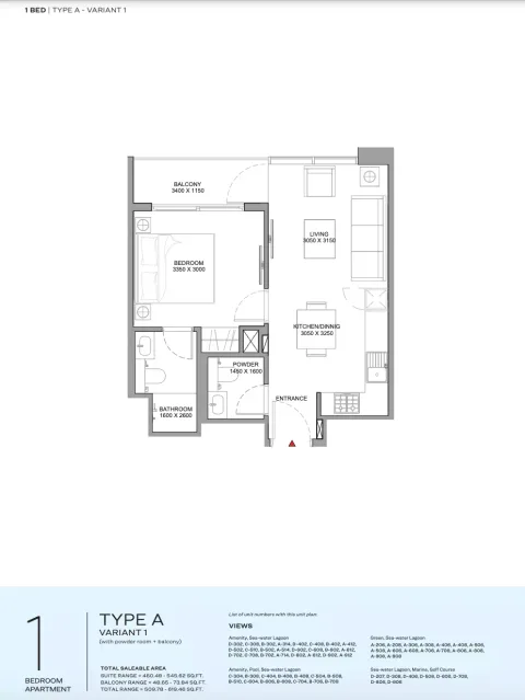 Floor plan, 1 Bed, 619 sq ft