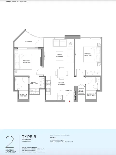 Floor plan, 2 Beds, 786 sq ft