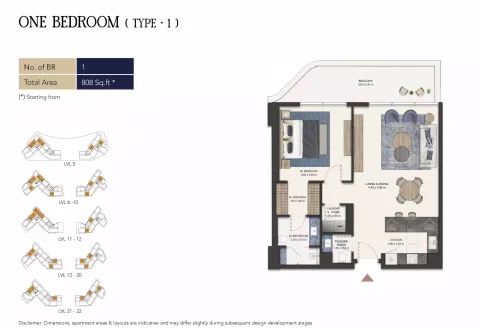 Floor plan, 1 Bed, 808 sq ft